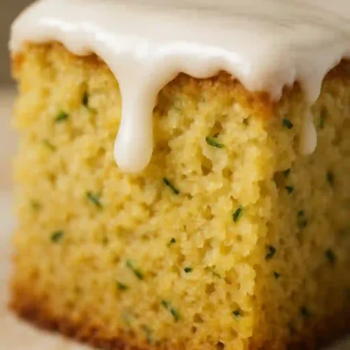 Rebanada de pastel de calabacín y limón con glaseado brillante, mostrando la textura húmeda del interior.