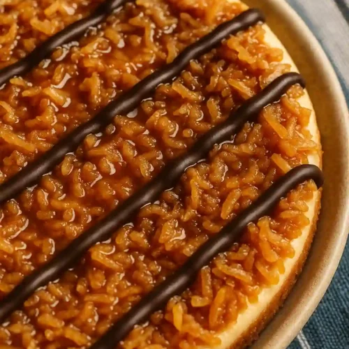 Tarta de Queso Samoa servida en mesa con café y decoración casera.