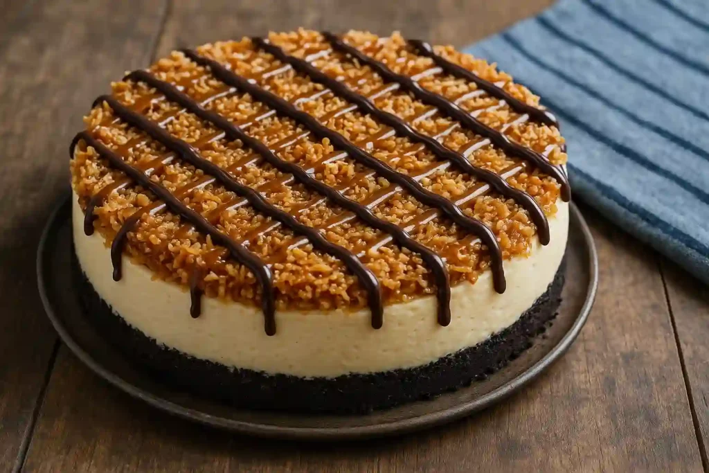 Tarta de Queso Samoa casera con caramelo, coco tostado y chocolate.