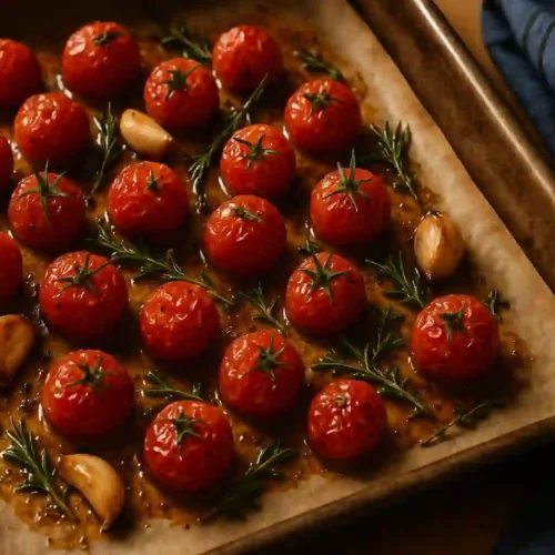 Tomates cherry asados en bandeja de horno con ajo y hierbas frescas