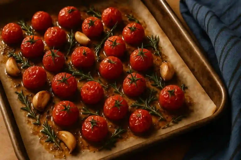 Tomates cherry asados en bandeja de horno con ajo y hierbas frescas