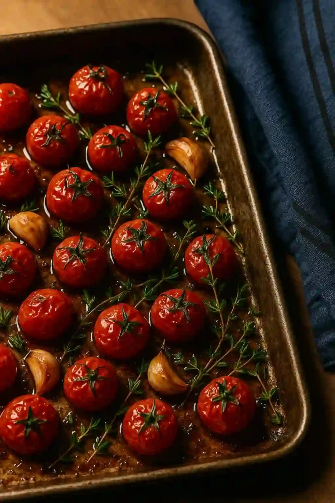 Plato de pasta fresca con tomates cherry asados, albahaca y parmesano.
