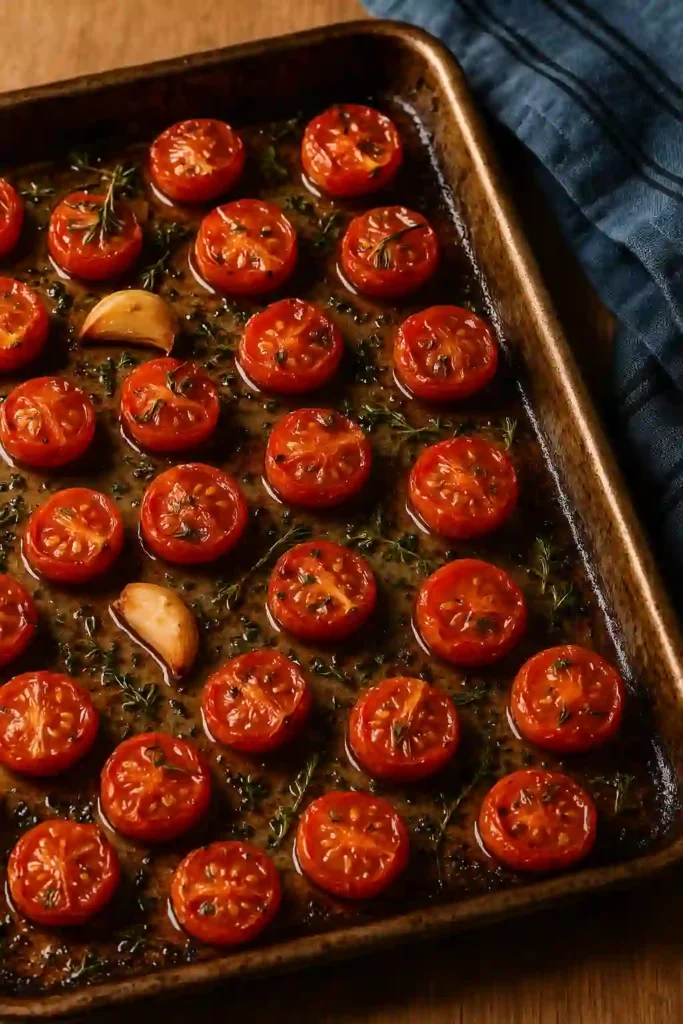 Tostada rústica con ricotta y tomates cherry asados decorados con albahaca