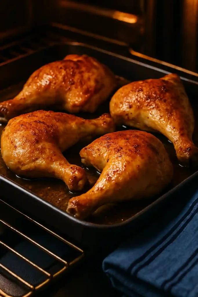 cuartos traseros de pollo horneándose
