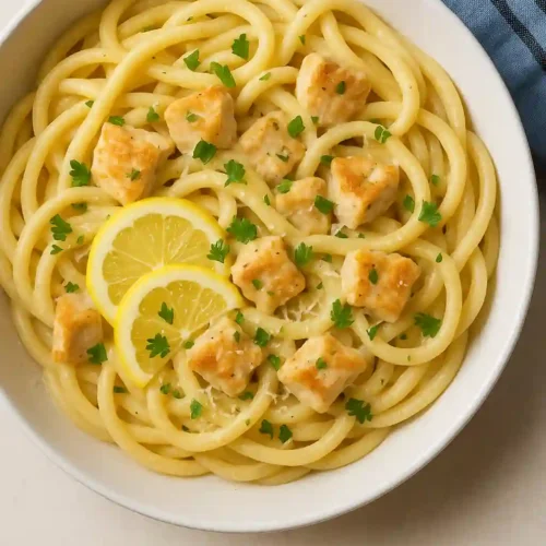 pasta cremosa con pollo y limón servida