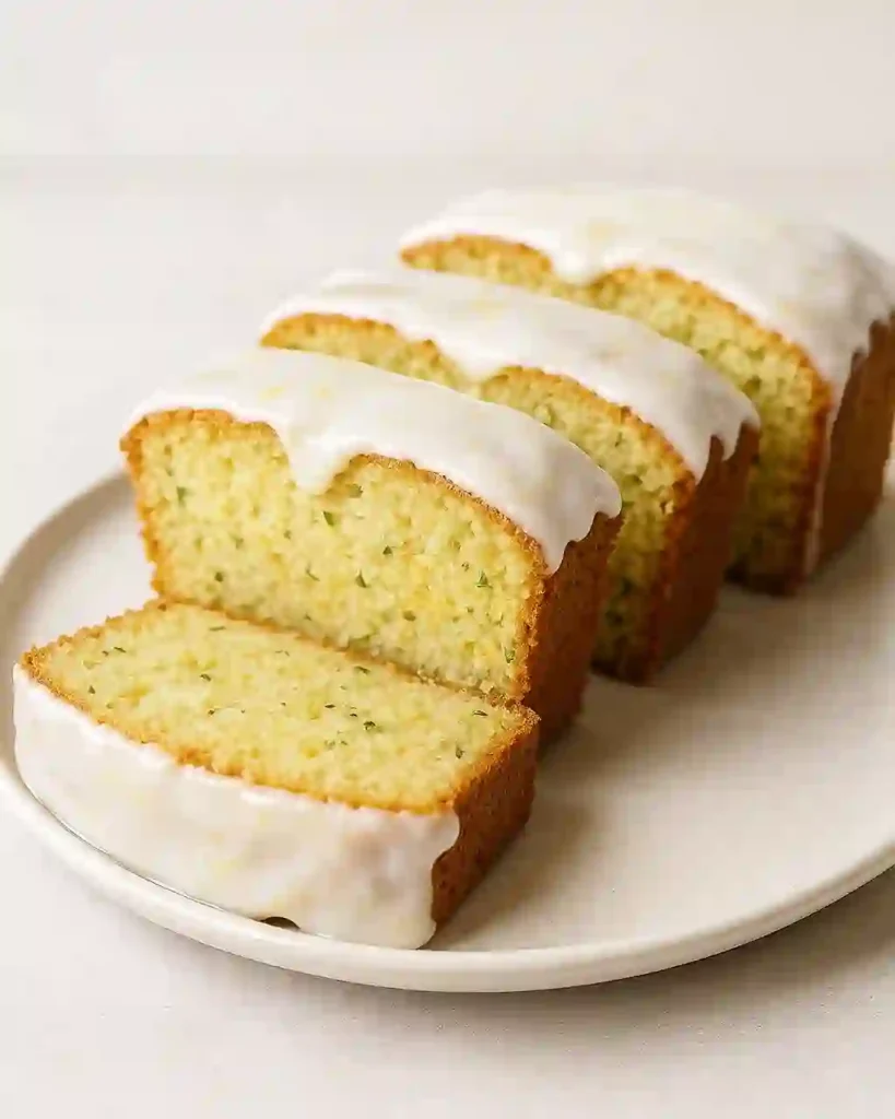 Rebanadas de pastel de calabacín y limón con glaseado, servidas en un plato blanco sobre