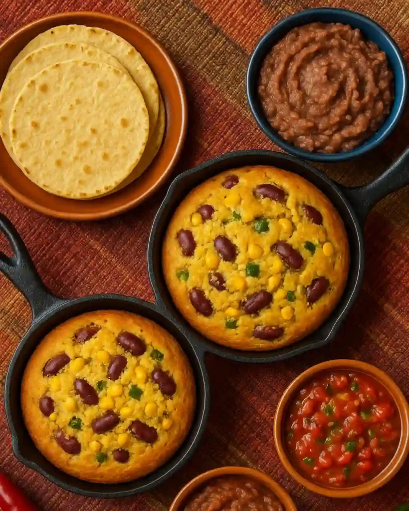 Mesa tex-mex con cazuela de pan de maíz, tortillas y guarniciones típicas.