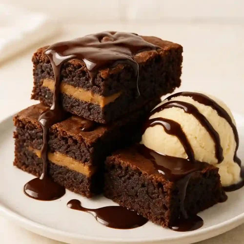 Brownies de mantequilla de cacahuete y fudge apilados con sal marina encima