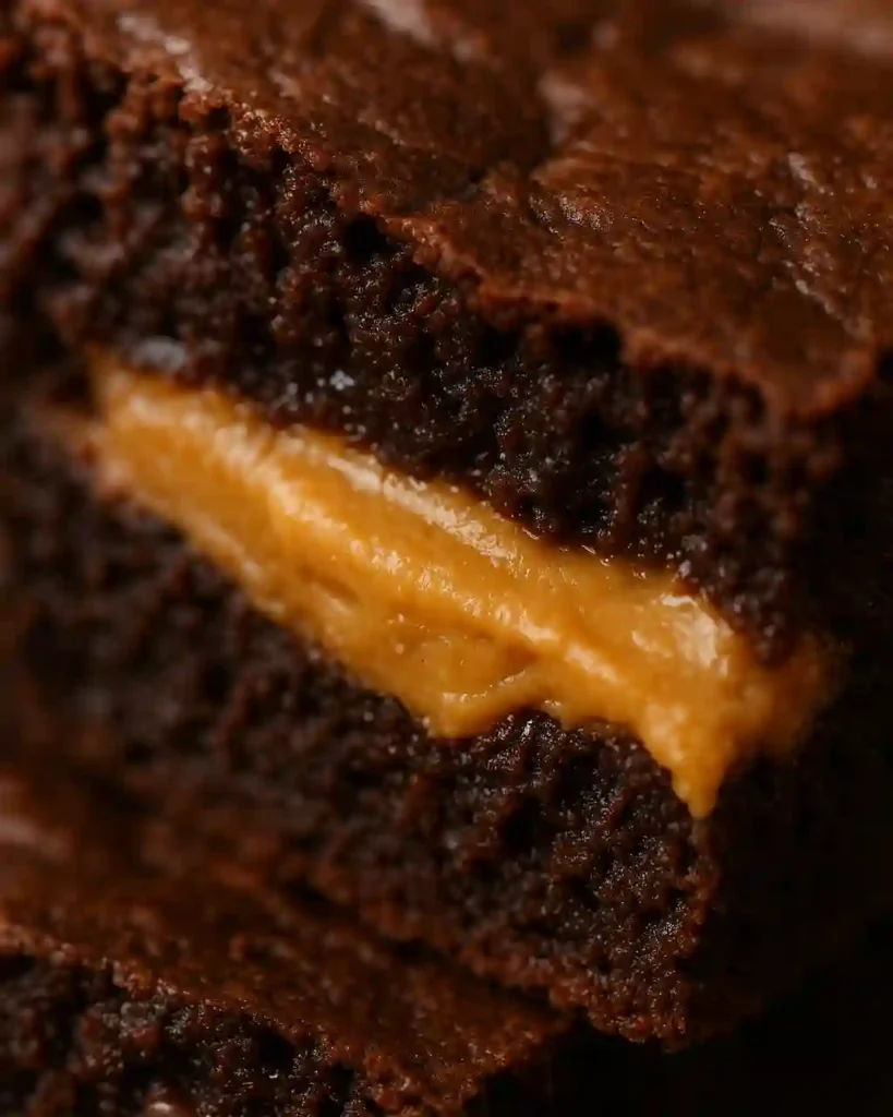 Detalle de la textura húmeda de un brownie de mantequilla de cacahuete y fudge