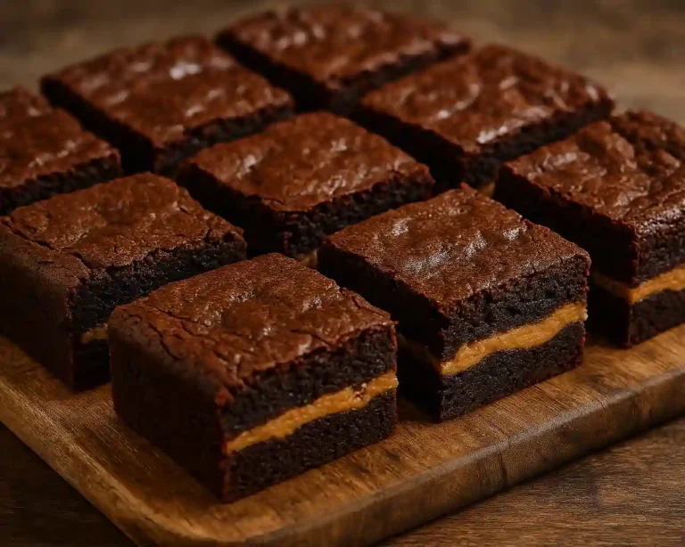 Brownies de mantequilla de cacahuete y fudge caseros cortados en cuadrados sobre tabla de madera
