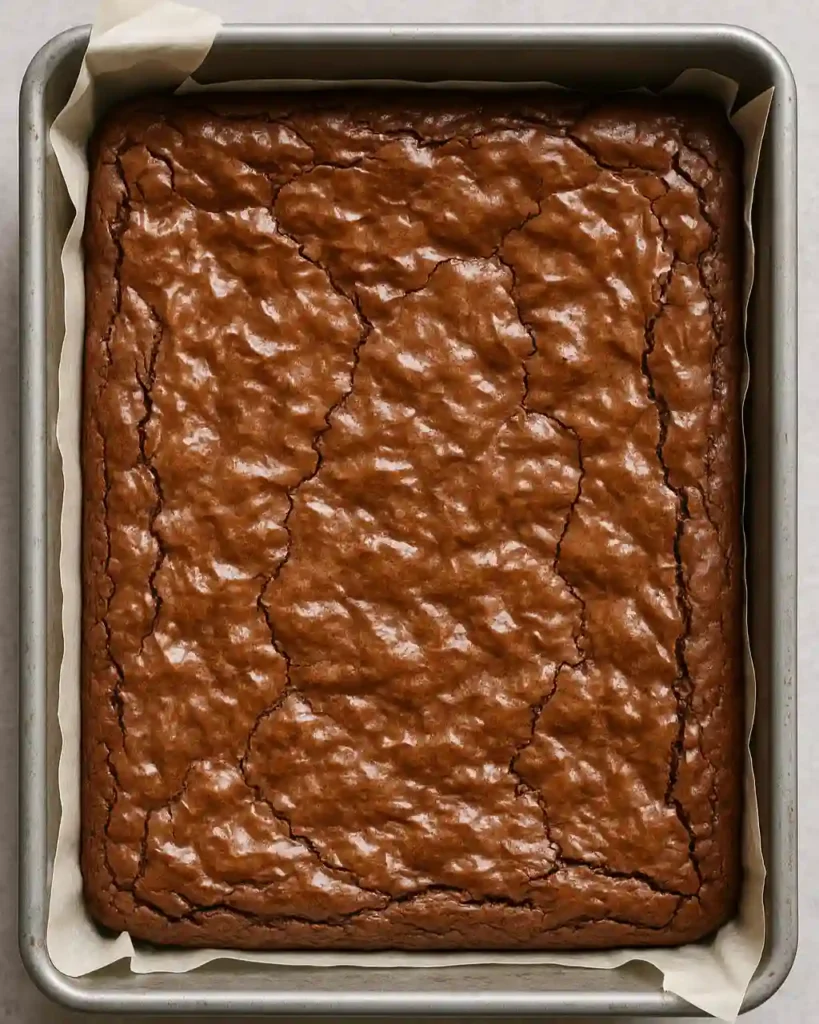 Bandeja de brownies de mantequilla de cacahuete y fudge recién horneados en su molde