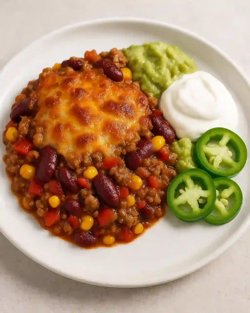 Porción de cazuela de pan de maíz vaquero con guacamole, crema agria y jalapeños.