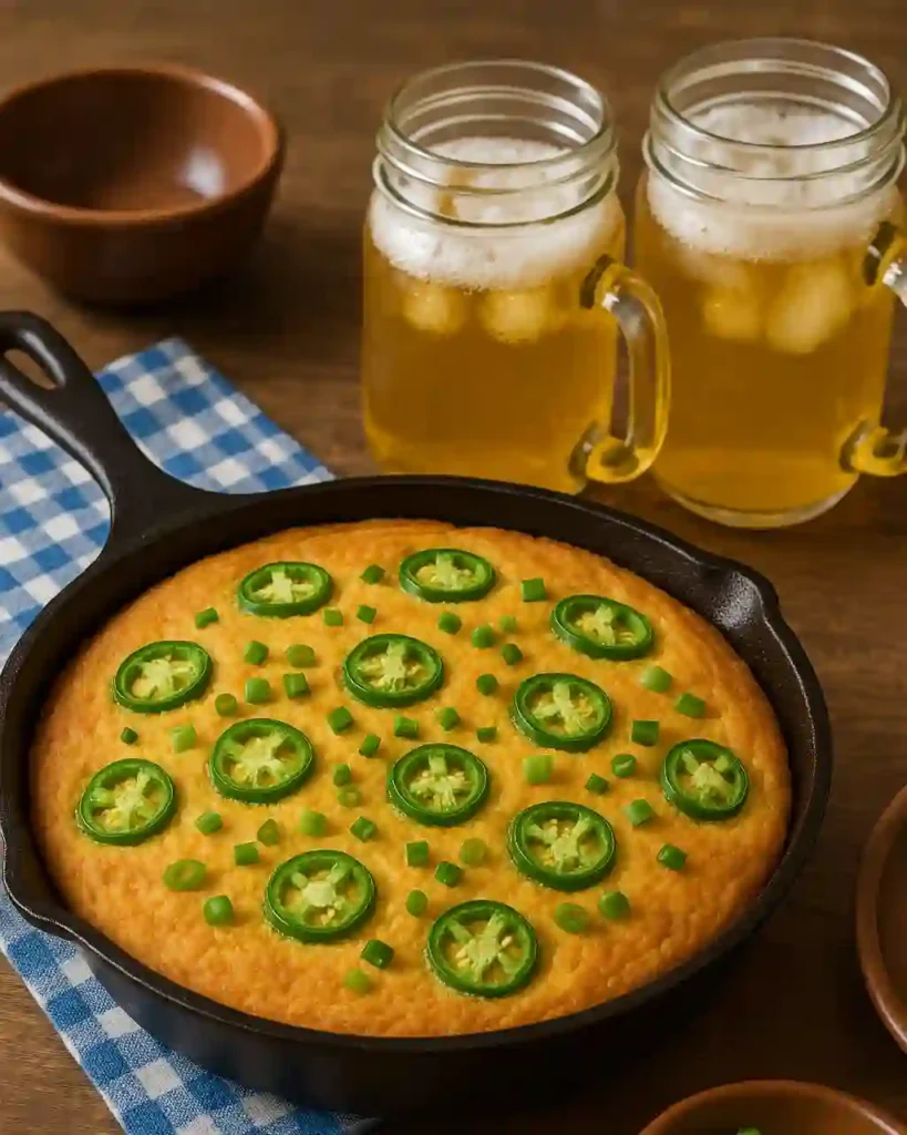 Cazuela de pan de maíz vaquero decorada con cebolletas y jalapeños frescos.