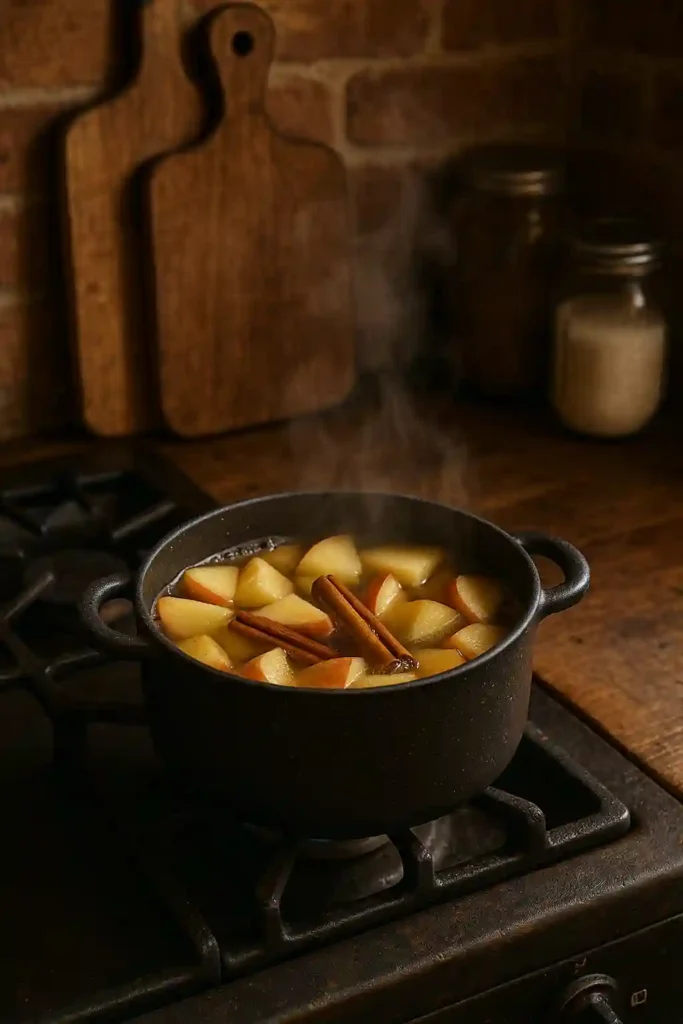 Olla con trozos de manzana y canela hirviendo en la cocina rústica mientras se prepara el jarabe de manzana.