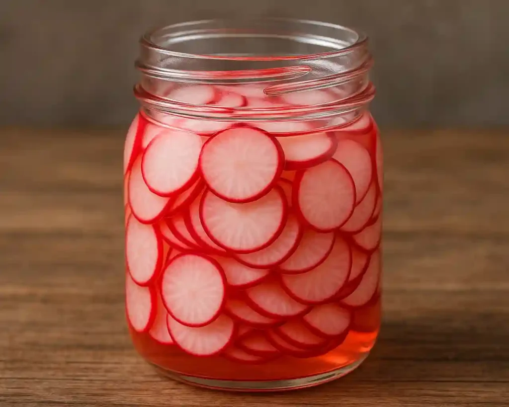 Rábanos rojos cortados en rodajas finas dentro de un frasco de vidrio con vinagre de arroz — Encurtido de Rábano Japonés.