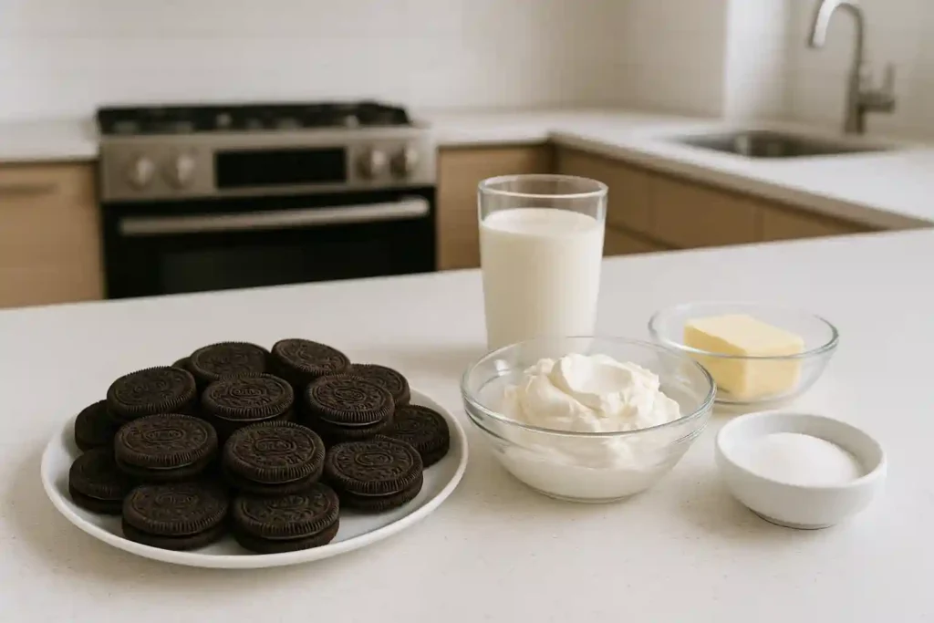 Ingredientes completos de Tarta Oreo organizados sobre la encimera antes de comenzar la receta.