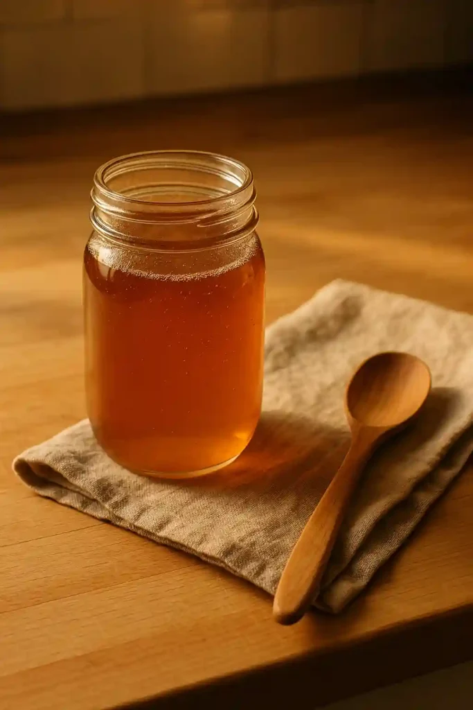 Frasco de jarabe de manzana enfriándose sobre la encimera con utensilios de cocina en un ambiente cálido.