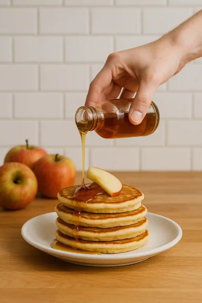 Mano sirviendo jarabe de manzana sobre panqueques en una cocina de estilo rústico.