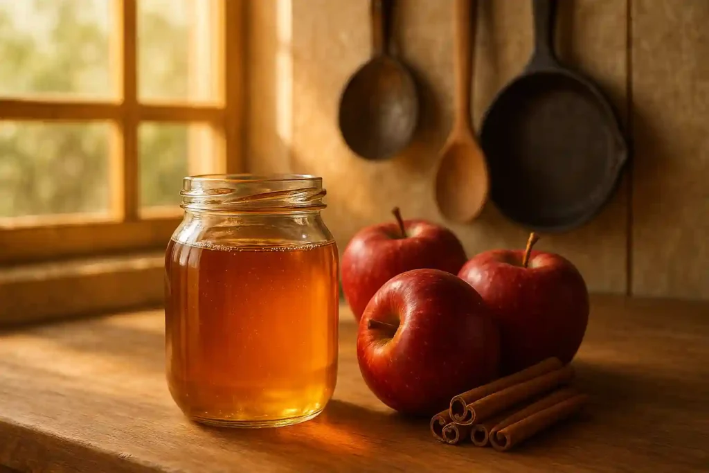 Frasco de jarabe de manzana dorado con manzanas y canela sobre una encimera de madera en una cocina acogedora.