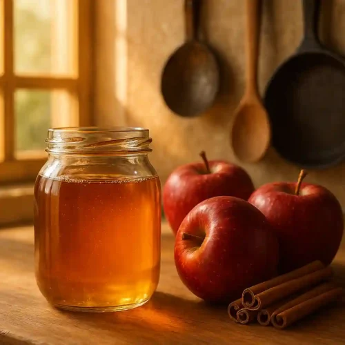 Frasco de jarabe de manzana dorado con manzanas y canela sobre una encimera de madera en una cocina acogedora.