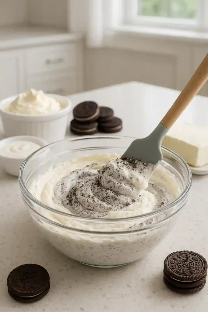Mezcla cremosa de queso con crema de Oreo para el relleno de la tarta.