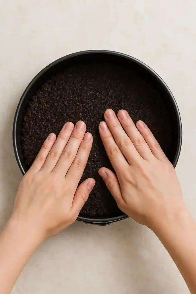 Base de galleta Oreo siendo compactada en un molde para la tarta.