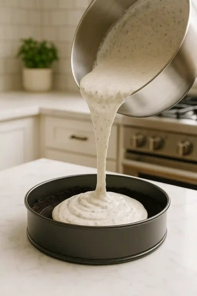 Relleno de la Tarta Oreo siendo volcado sobre la base enfriada.