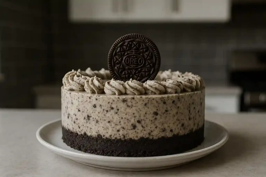 Tarta Oreo ya lista y decorada sobre plato blanco en la cocina.