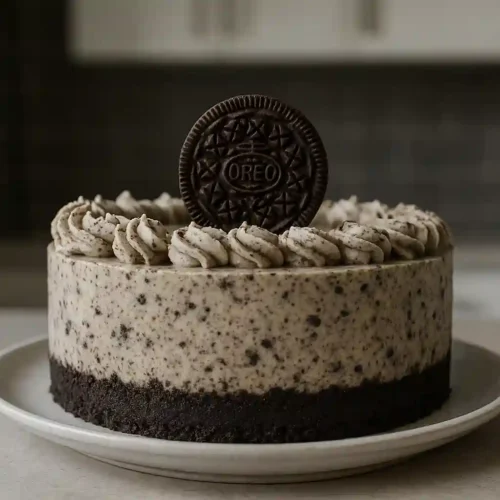 Tarta Oreo ya lista y decorada sobre plato blanco en la cocina.