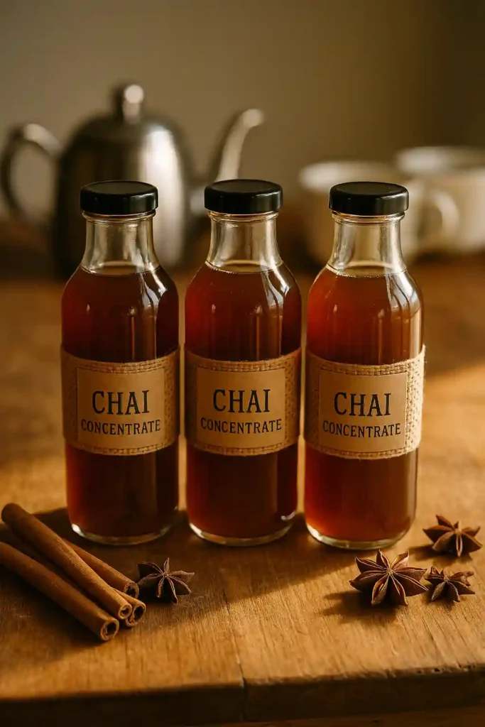 Botellas artesanales con concentrado de chai casero etiquetadas para regalo en una cocina con luz natural y decoración cálida.