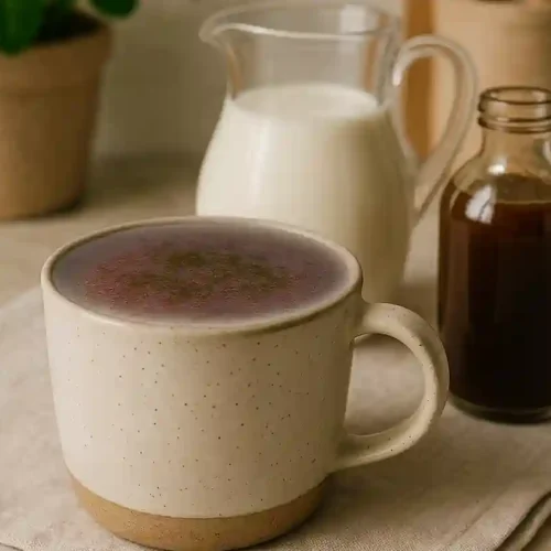 Taza de chai latte espumoso servida con canela y concentrado de chai en una cocina moderna y luminosa.
