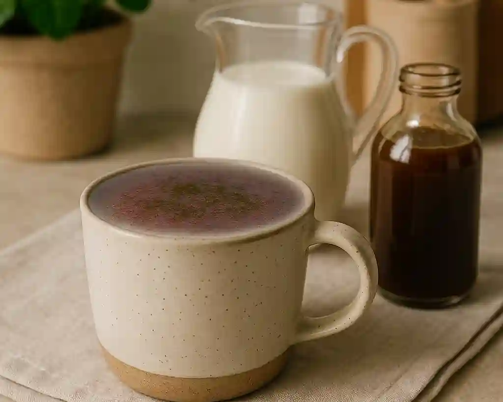 Taza de chai latte espumoso servida con canela y concentrado de chai en una cocina moderna y luminosa.