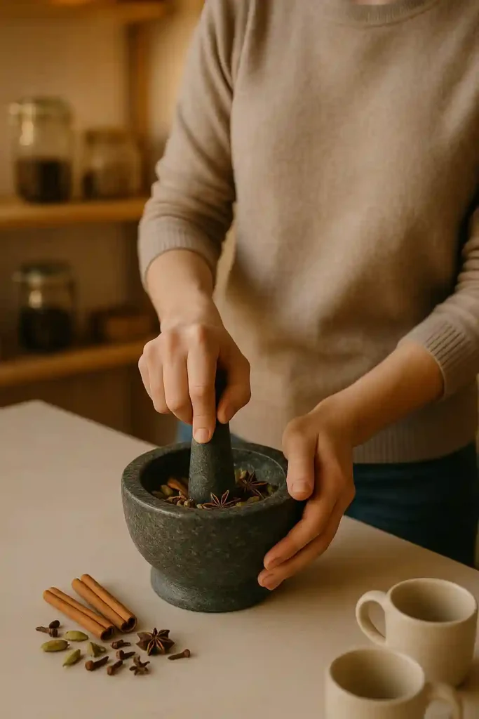 Persona moliendo especias frescas en un mortero de piedra para preparar concentrado de chai en una cocina moderna iluminada naturalmente.