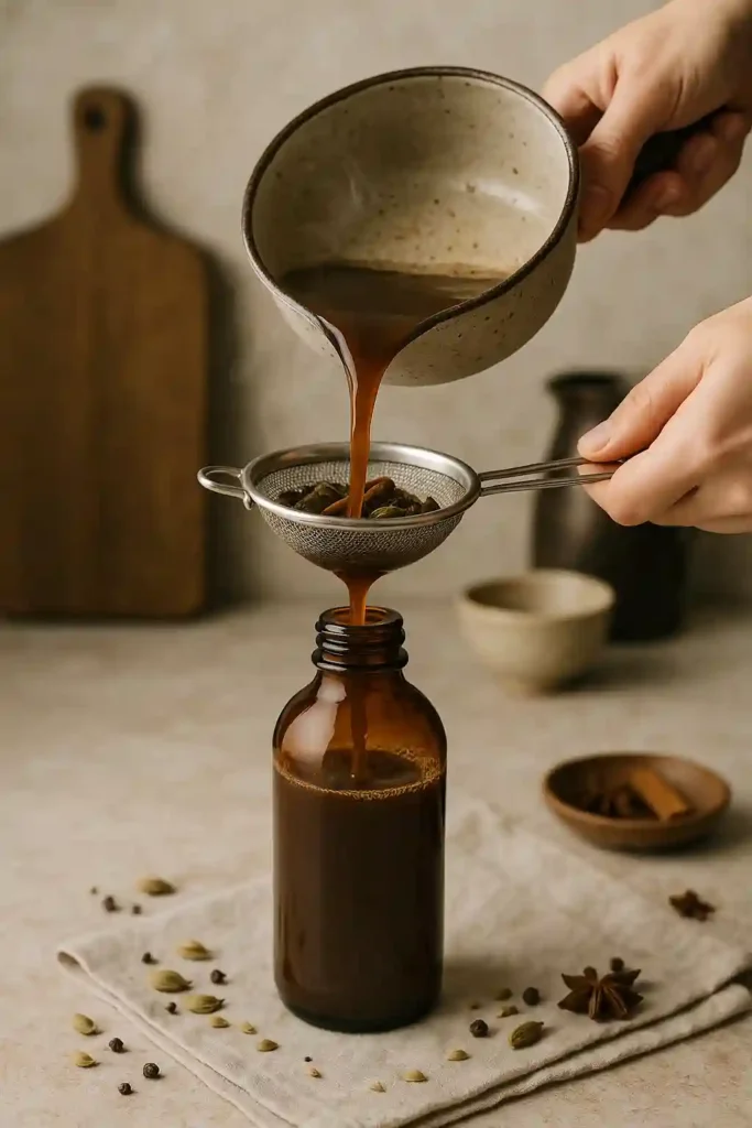 Filtrado del concentrado de chai casero con un colador fino en una botella de vidrio ámbar sobre una encimera de madera.