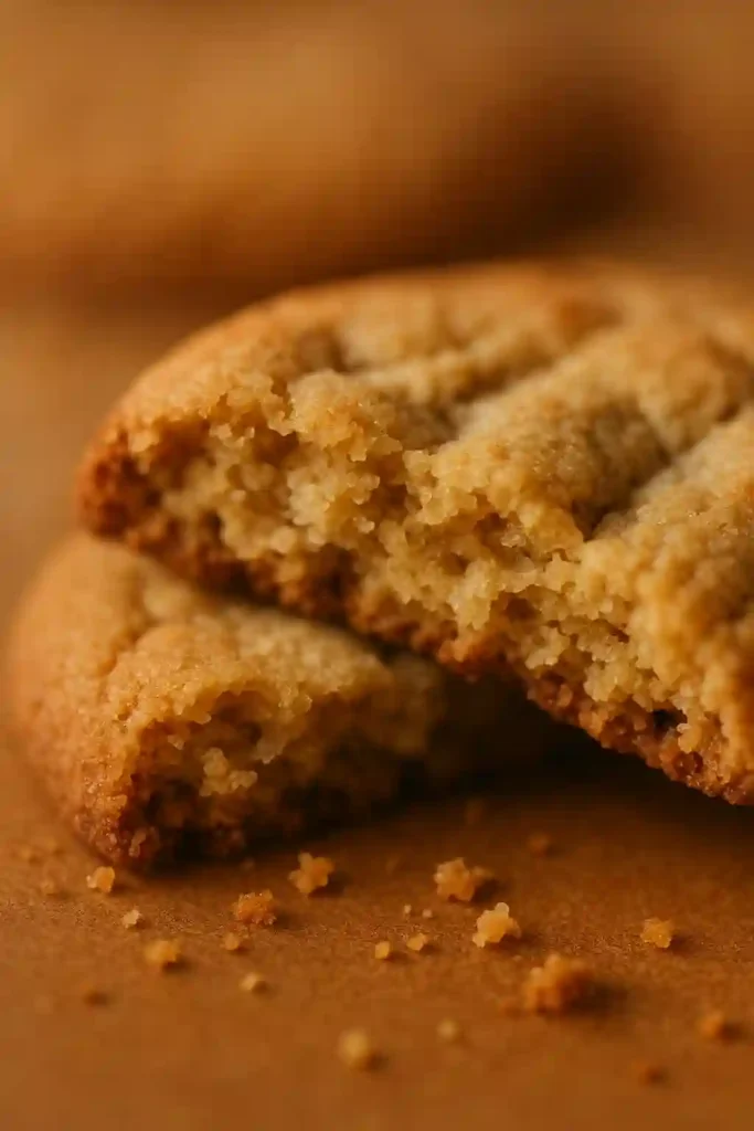 Primer plano de una galleta de mantequilla de cacahuete saludable partida por la mitad mostrando su textura esponjosa y suave interior.