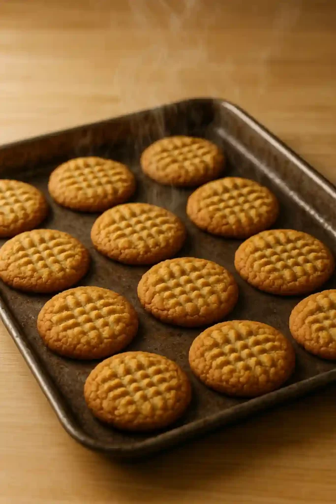 Galletas de mantequilla de cacahuete saludables recién horneadas, doradas y crujientes sobre una bandeja caliente.