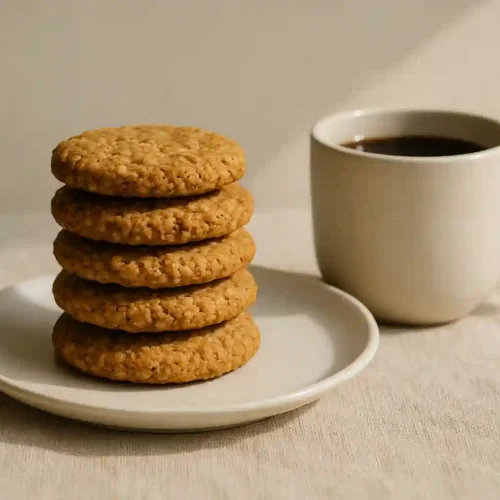 Plato con galletas de mantequilla de cacahuete saludables acompañadas de una taza de café en un ambiente acogedor.