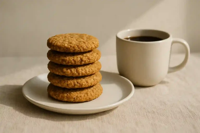Plato con galletas de mantequilla de cacahuete saludables acompañadas de una taza de café en un ambiente acogedor.