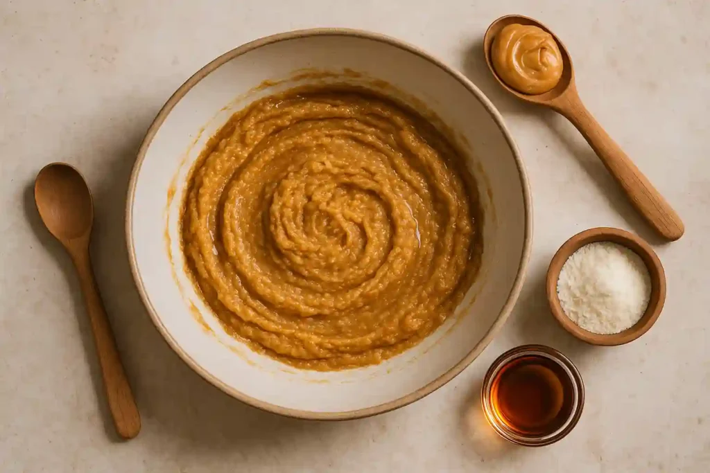Masa de galletas de mantequilla de cacahuete saludable en proceso de mezcla dentro de un tazón de vidrio sobre fondo claro y natural.