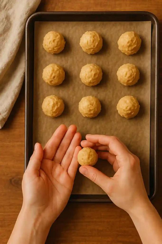 Manos dando forma a galletas de mantequilla de cacahuete saludables sobre una bandeja lista para hornear.