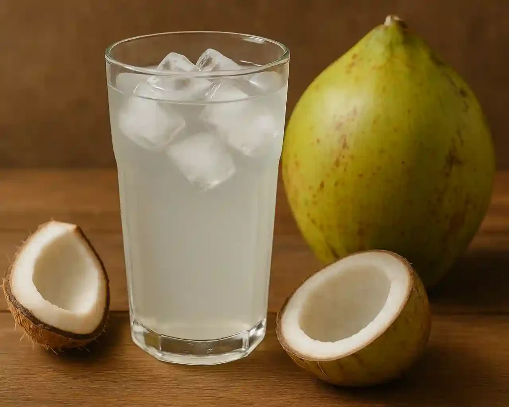 Receta tropical de Mounjaro Natural con agua de coco y limón verde.