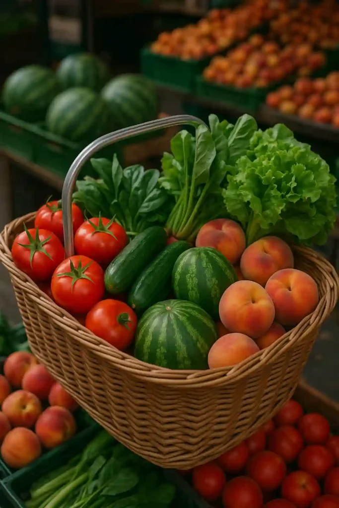 Compras saludables con productos frescos de temporada para una alimentación equilibrada en verano