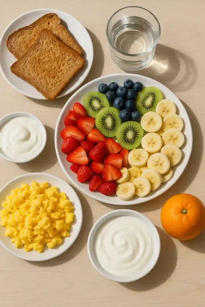 Desayuno abundante y equilibrado con alimentos saludables para iniciar el día en verano