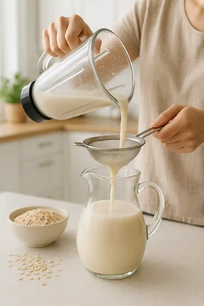 Colando agua de avena con colador fino para obtener textura suave