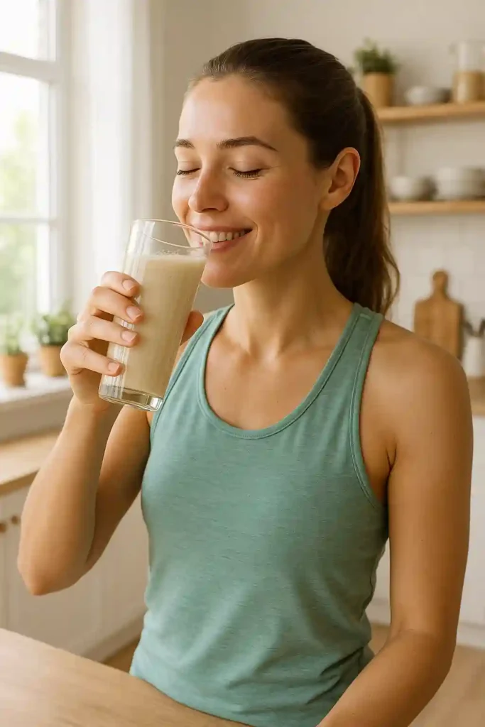 Mujer disfrutando agua de avena en ayunas como parte de rutina saludable
