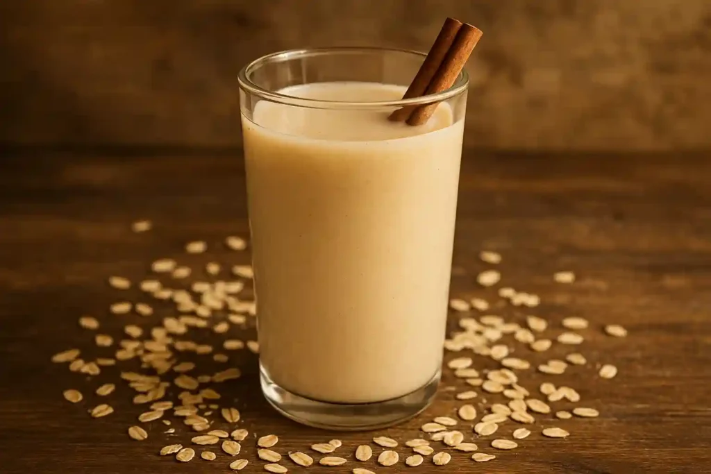 Vaso de agua de avena recién preparada con canela y avena decorativa