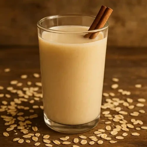 Vaso de agua de avena recién preparada con canela y avena decorativa