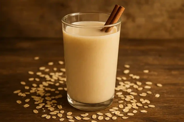Vaso de agua de avena recién preparada con canela y avena decorativa