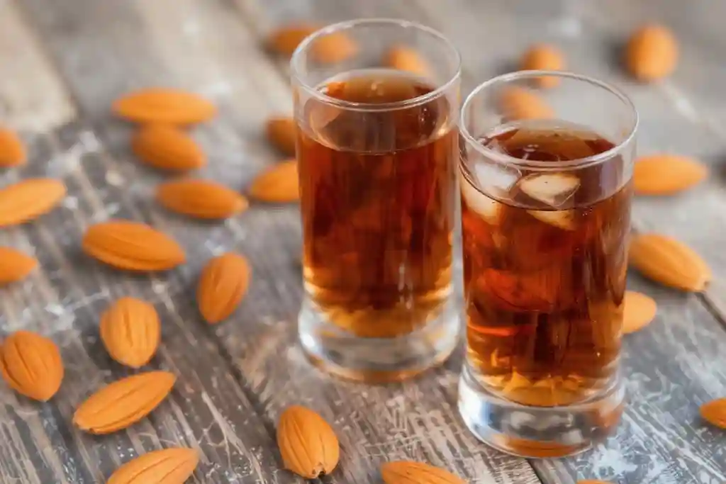 2 Copa de amaretto casero servida con hielo y decoración de naranja en ambiente de coctelería