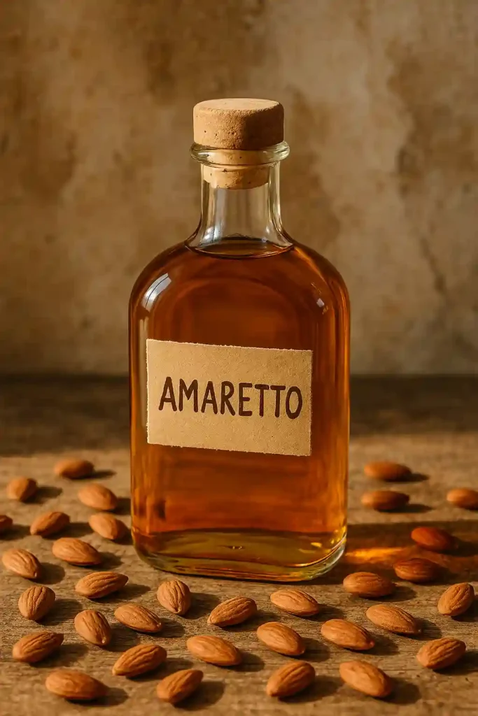 Botella de amaretto casero artesanal color ámbar con almendras tostadas sobre mesa rústica